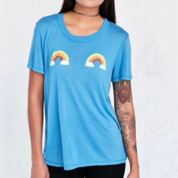 Urban Outfitters Truly Madly Deeply Blue Double Rainbow Graphic Tshirt Size Medi - Picture 1 of 10